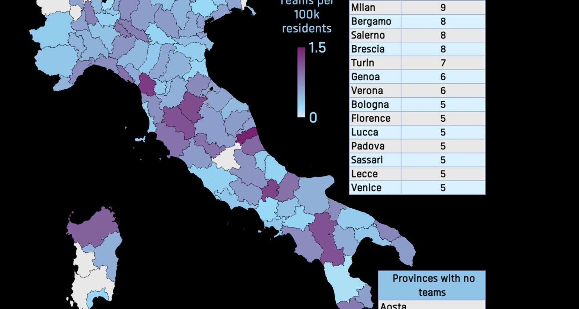 Italy teams (1st to 4th tier) broken down by province