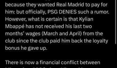JUST IN: In February, PSG indeed paid Kylian Mbappé back the € 80M loyalty bonus he gave up in October, confirms @RMCsport . However, the club is putting itself in a very risky situation. Some sources suggest the club did this because they wanted Real Madrid to pay for him: PSG denies this however.
