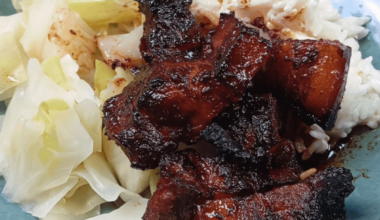 Sticky pork belly, coconut-lime rice, steamed cabbage