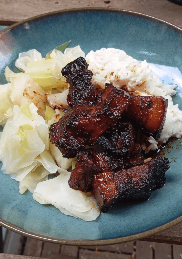 Sticky pork belly, coconut-lime rice, steamed cabbage