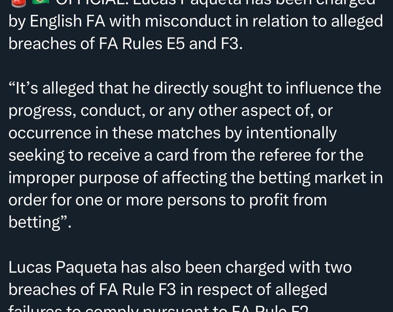 Lucas Paquetá has officially been charged by the FA. Signing him is looking very unlikely at this stage.