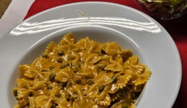 Farfalle at a savoury and creamy red wine sauce, with a side salad