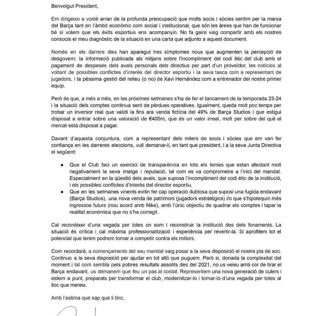 [Victor Font] Letter to Joan Laporta.