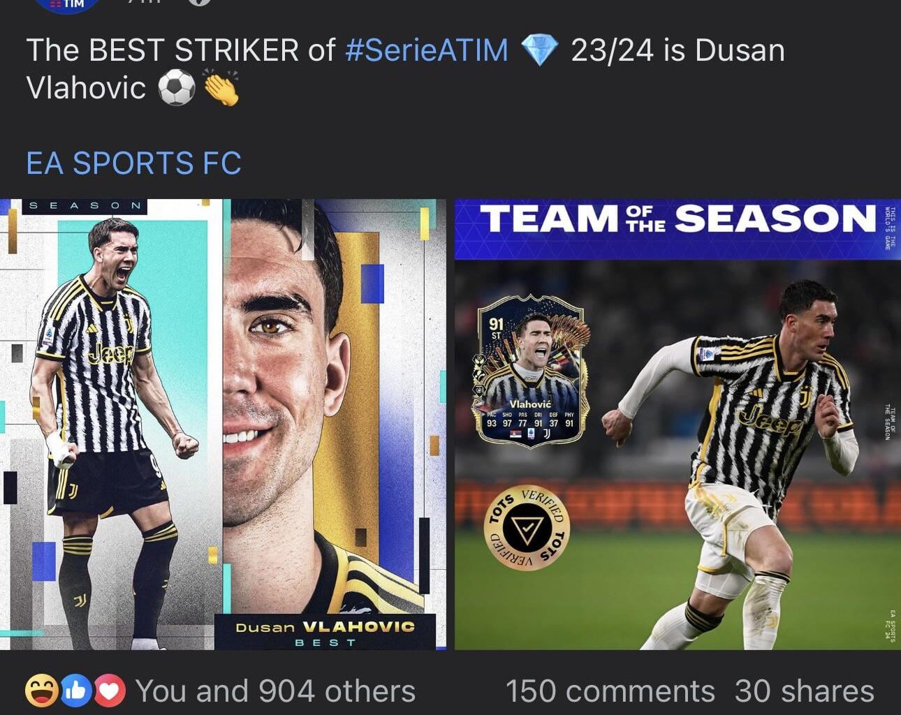 Dusan Vlahovic wins Serie A Striker of the Season 23/24 award