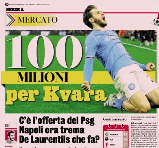 [Gazzetta via GuillaumeMP] PSG bids €100M for Kvara Kvaratskhelia. De Laurentiis wants €150M but is still trying to negotiate an extension for the Georgian international
