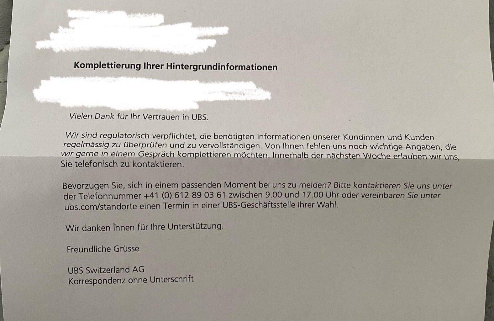 Interesting letter from UBS
