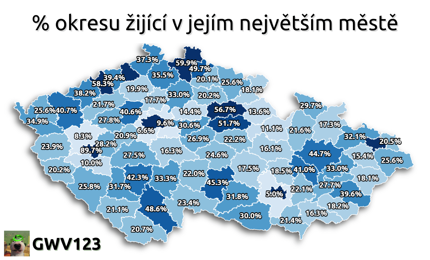 Mapa podílů okresů žíjící v jejích největších městech (sčítání 2021)