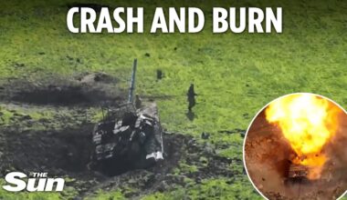 Bungling Russian soldiers flee tank they crashed into crater - before Ukrainian missile blows it up