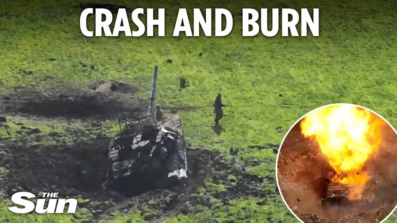 Bungling Russian soldiers flee tank they crashed into crater - before Ukrainian missile blows it up