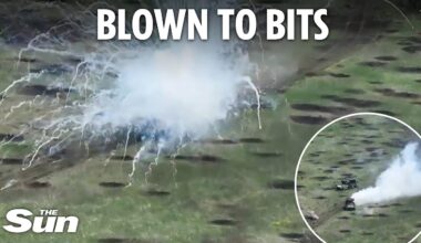 Moment two Russian armoured vehicles are obliterated by Ukraine before troops flee huge explosion