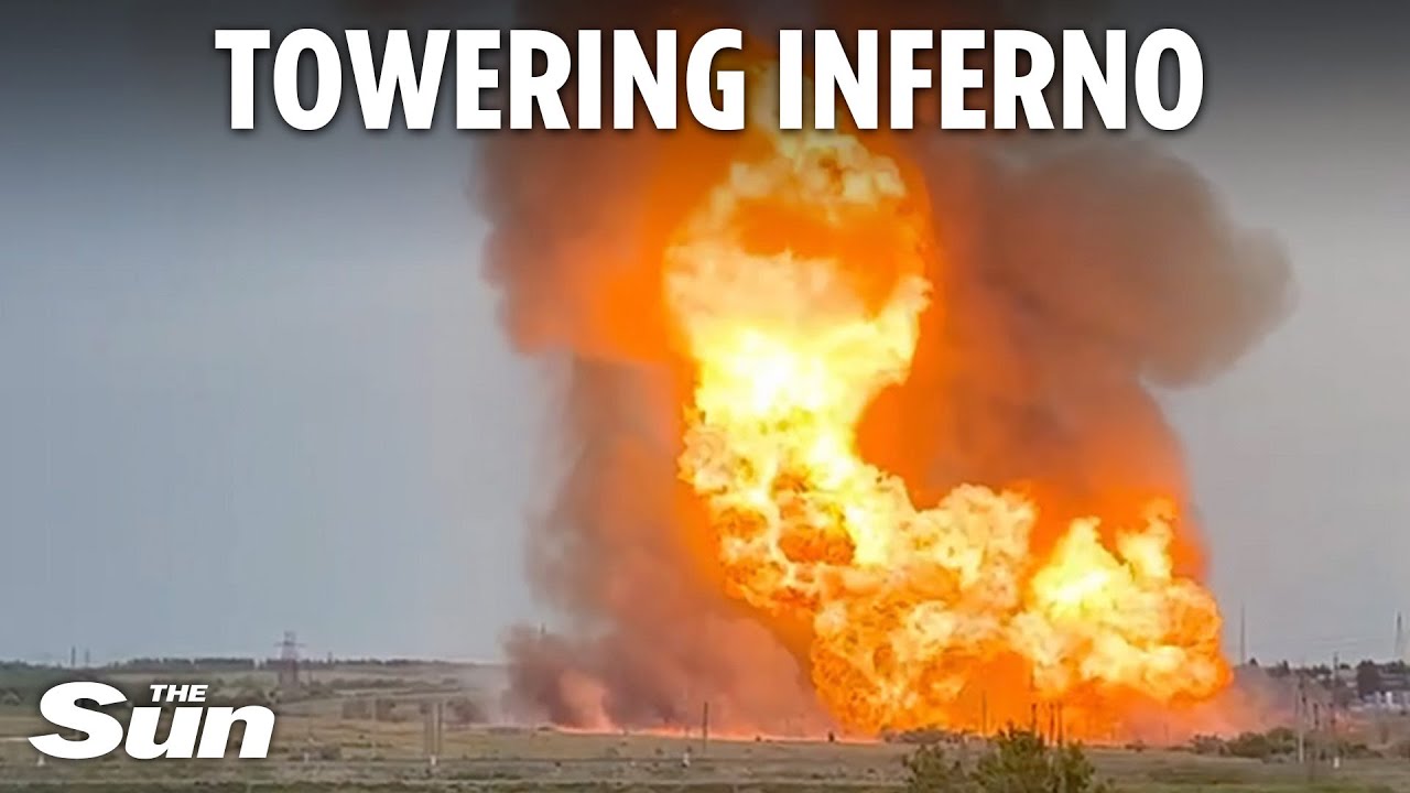 Watch huge 100ft fire light up the sky after mystery explosion at Putin's gas pipeline