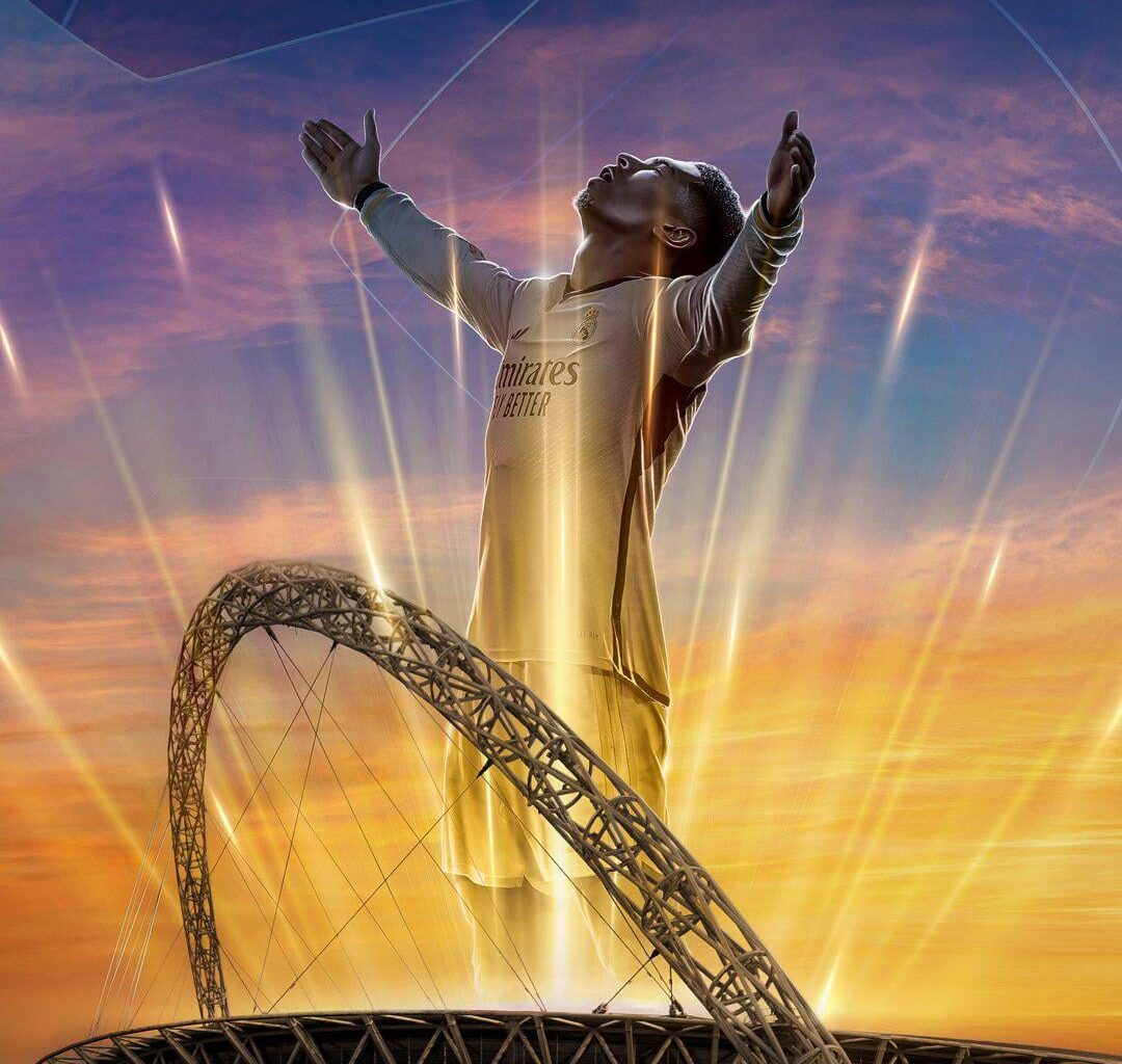 Real Madrid's official match up card for the Champions League final 23/23 at Wembley: "He's coming home."