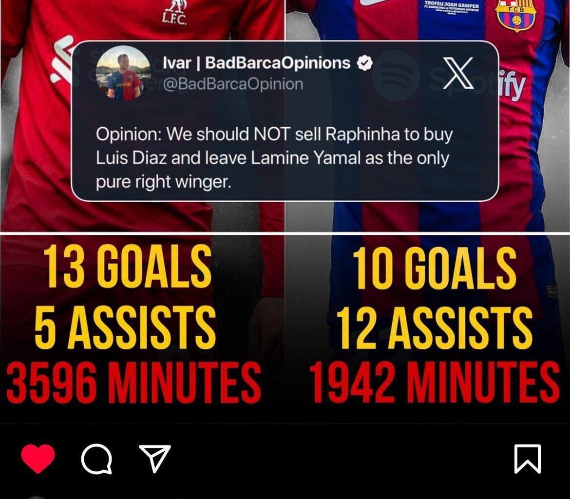 Raphinha liked on Instagram this comparison post between him and Luis Diaz who Deco wants to buy after they sell Raphinha