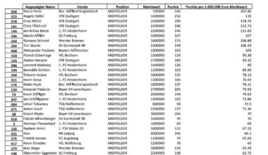 Leistungen der Spieler pro 1m Marktwert