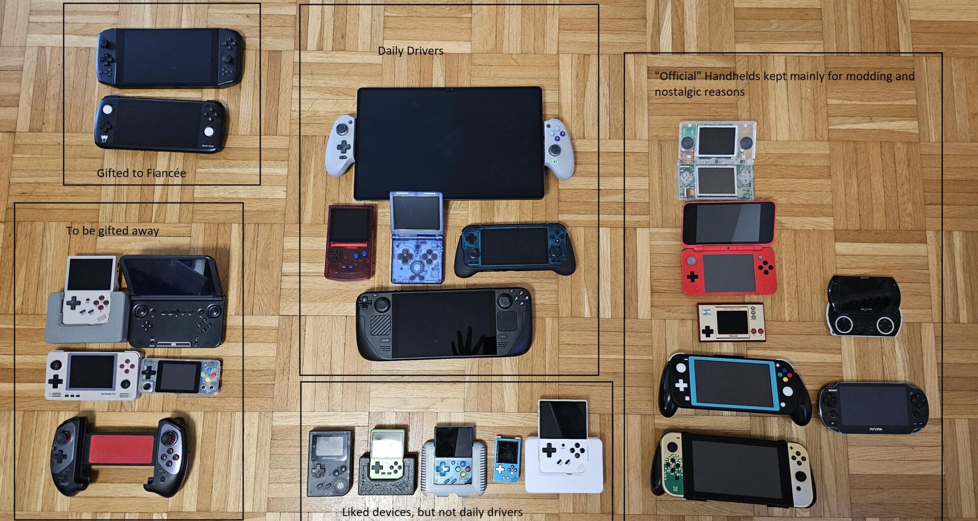 Reducing my handheldcollection for the 5 devices in the bottom left corner. If someone preferrably from Switzerland is interested, id even gift them away. Device list in comments.