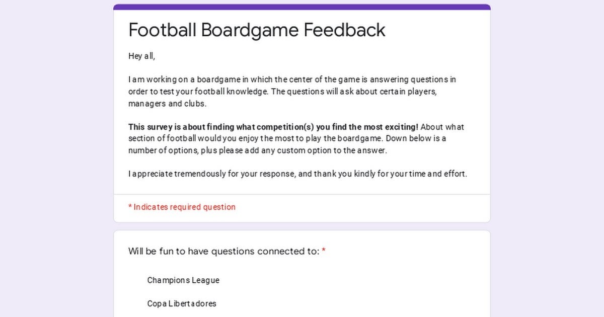 Creating a Football Boardgame: 1-Minute Survey