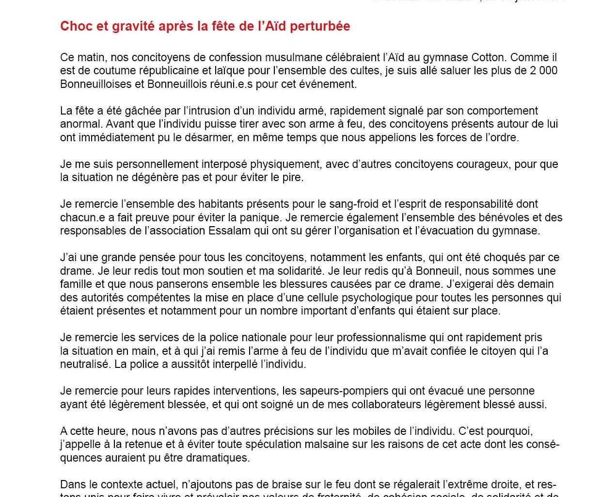 Individu armé pendant une fête de l'Aïd - Communiqué de la ville