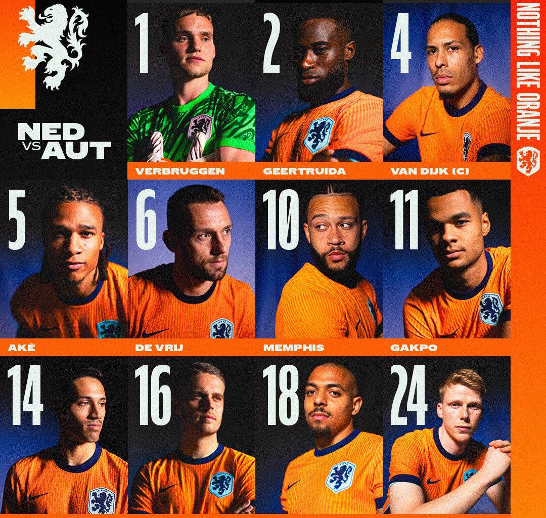 Oranje starting XI for EURO 2024 group game against Austria