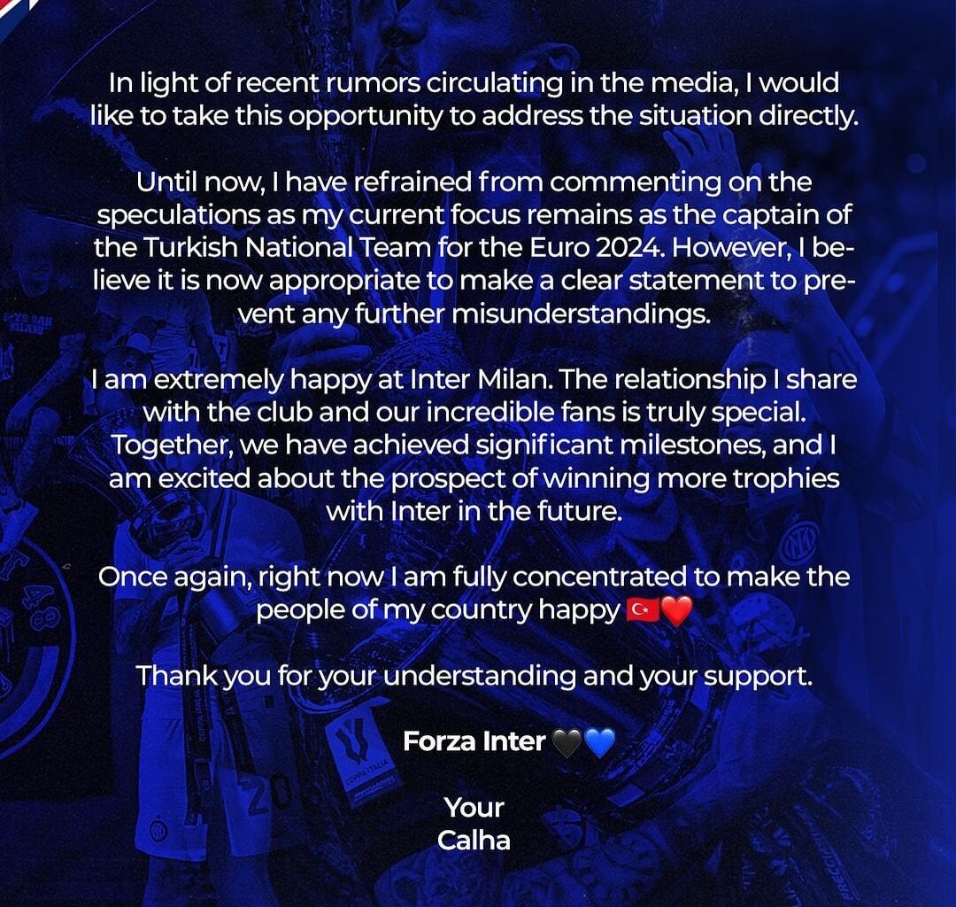 Hakan Çalhanoğlu announces his decision to stay at Inter