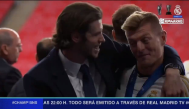 Gareth Bale and Toni Kroos former teammates celebrating and catching up