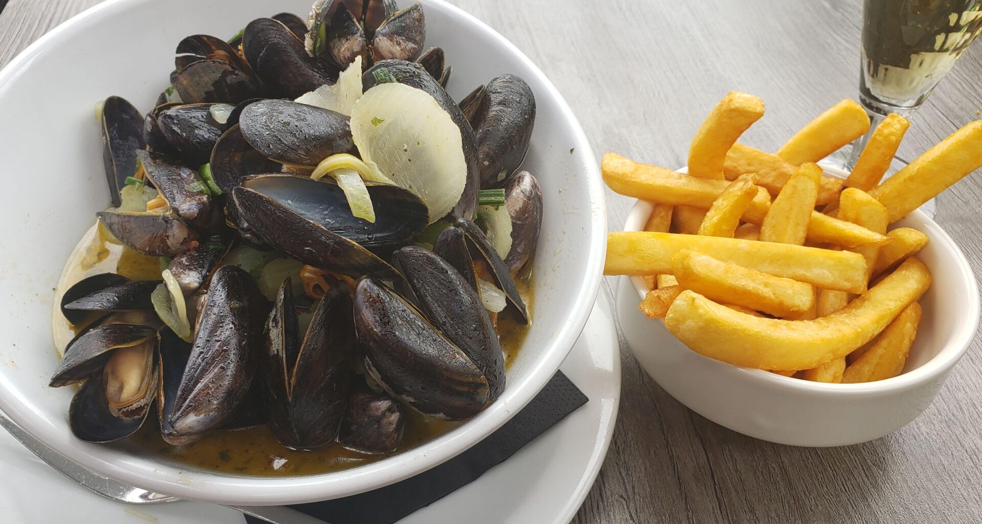 Moules Frites, thoroughly enjoyed in Bruges, Belgium