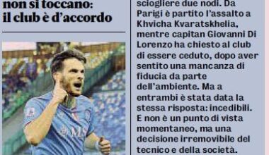 [Gazetta via GuillaumeMP] Napoli are firm regarding the future of Kvaratskhelia and Di Lorenzo. Both players have been warned they won’t be allowed to leave this summer. It’s not a hasty point of view, but an irrevocable decision of De Laurentiis backed by incoming coach Antonio Conte.
