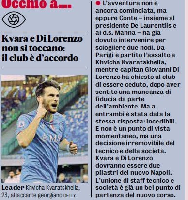 [Gazetta via GuillaumeMP] Napoli are firm regarding the future of Kvaratskhelia and Di Lorenzo. Both players have been warned they won’t be allowed to leave this summer. It’s not a hasty point of view, but an irrevocable decision of De Laurentiis backed by incoming coach Antonio Conte.