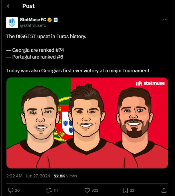 [StatMuse] The BIGGEST upset in Euros history. — Georgia are ranked #74 — Portugal are ranked #6
