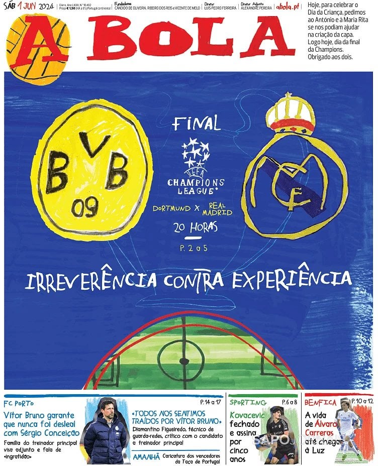 Capa do jornal A Bola no Dia da Criança