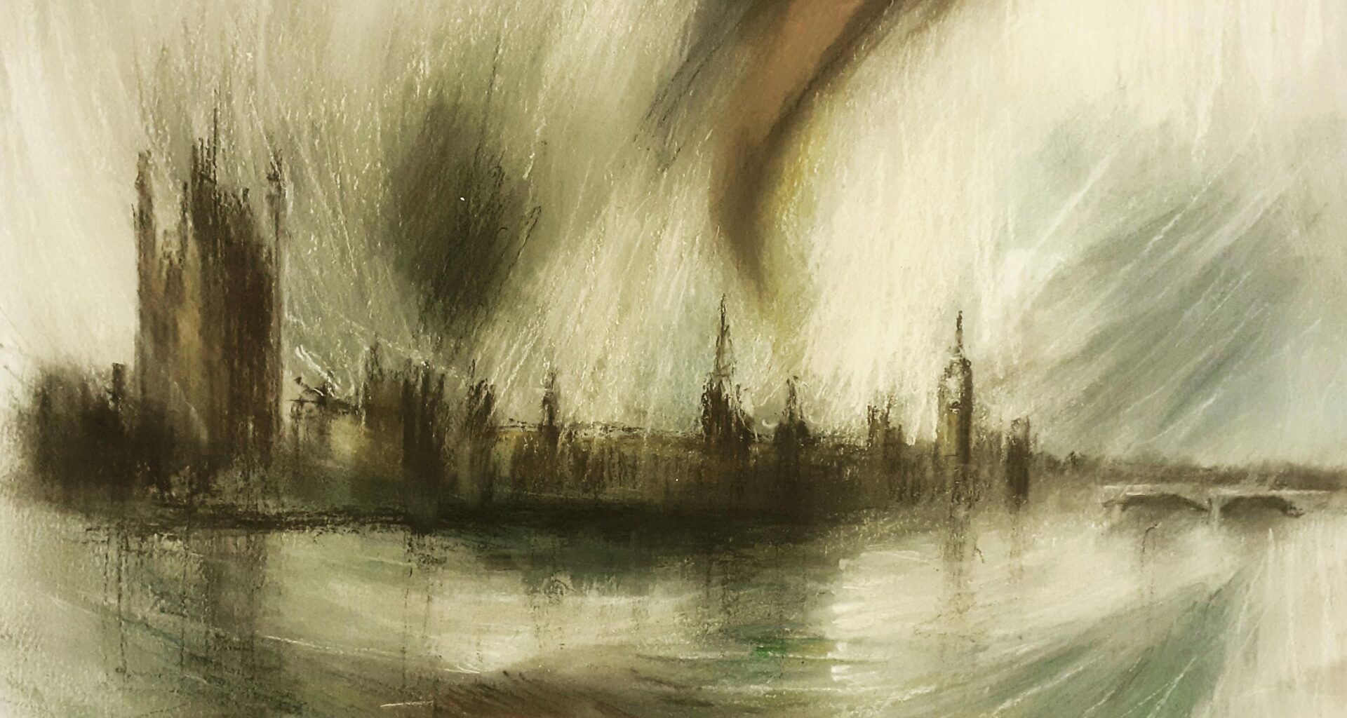 Incoming storm at Westminster. Original wet charcoal and pastel art by me.