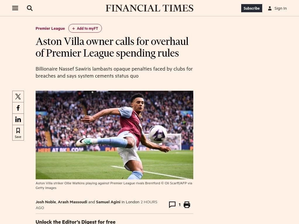 Aston Villa owner calls for overhaul of Premier League spending rules