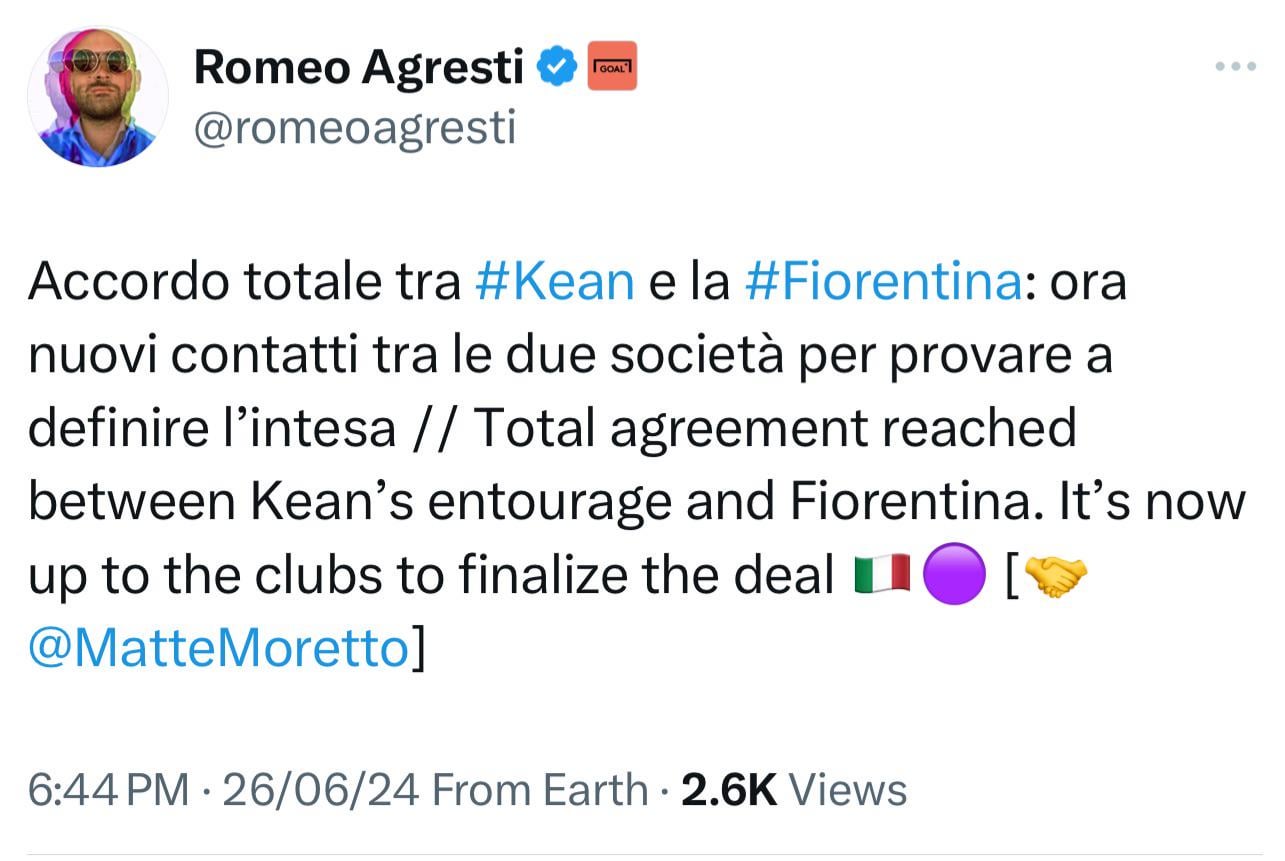 [Romero Agresti] Total agreement reached between Kean’s entourage and Florentina. It’s now up to the clubs to finalise the deal. 🇮🇹🟣