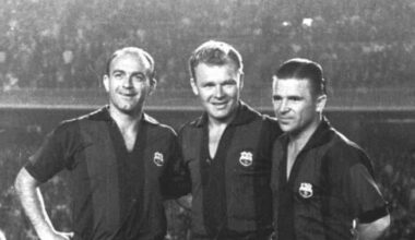 Di Stefano and Puskas along with Kubala in his farewell match at the Camp Nou