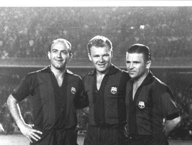 Di Stefano and Puskas along with Kubala in his farewell match at the Camp Nou
