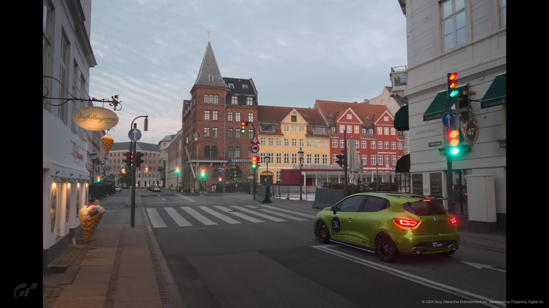 I Gran Turismo 7 kan man tage billeder af sine biler i Scapes, en screenshot funktion - også i Danmark! Her Toldbodsgade & Børsen.