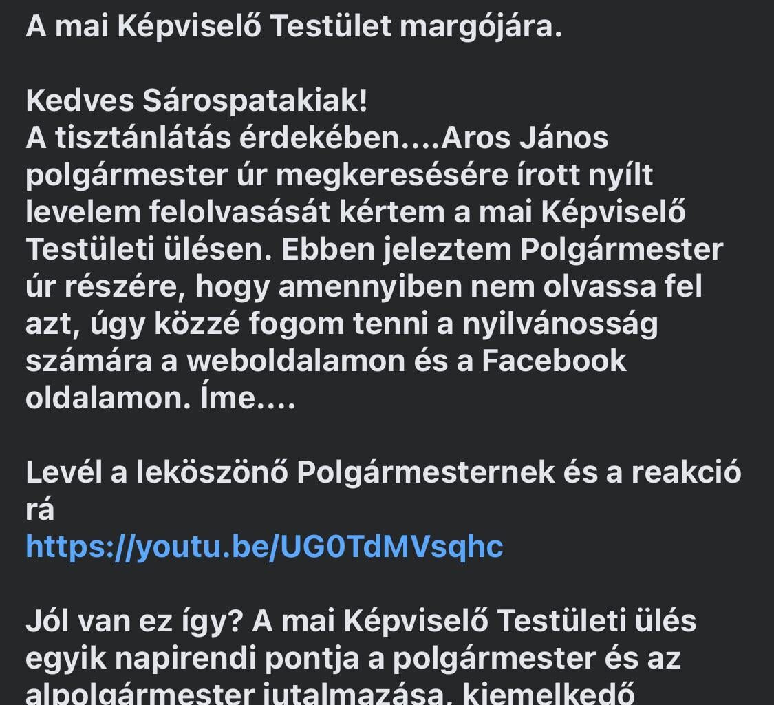 Leköszönő Fideszes Polgi és Alpolgi 6 havi jutalma Sárospatakon