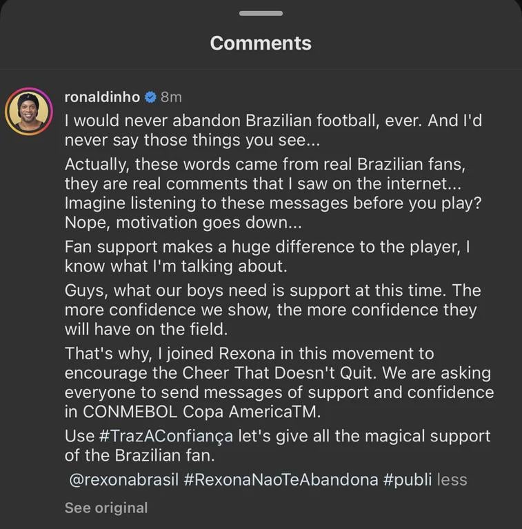 Ronaldinho follow up statement reveals that his original post was part of a marketing campaign for Rexona