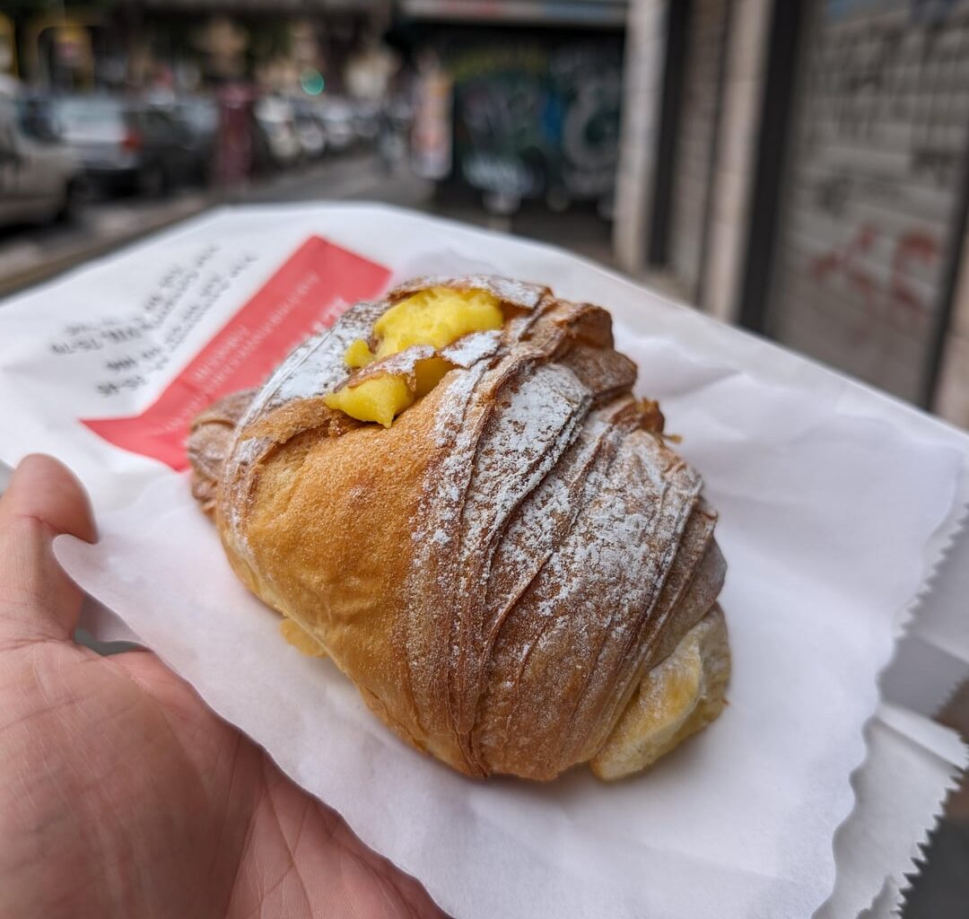 Trip to Rome. Cornetto with cream filling, Ice cream (pistachio and salted caramel), focaccia coppa di testa.