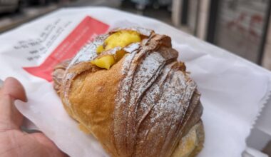 Trip to Rome. Cornetto with cream filling, Ice cream (pistachio and salted caramel), focaccia coppa di testa.