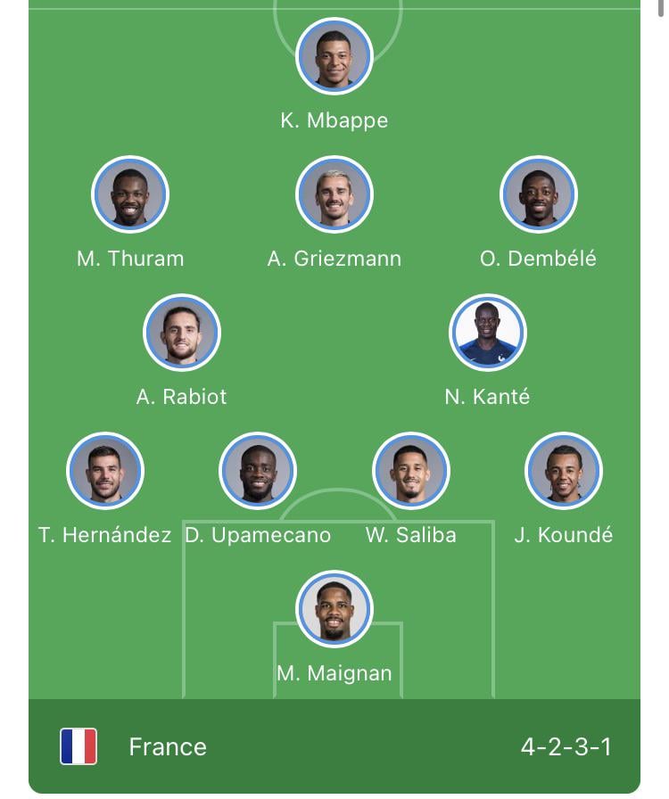 Mbappe starts as the 9 for France.
