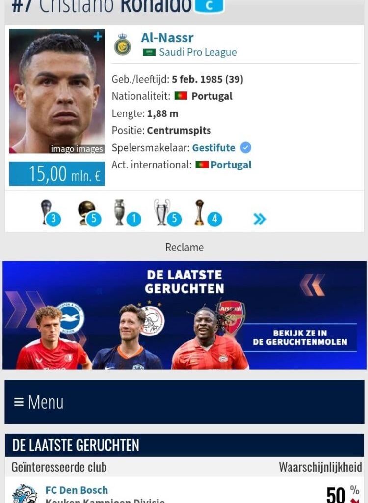 Transfermarkt geeft FC Den Bosch een 50% kans om Cristiano Ronaldo binnen te hengelen