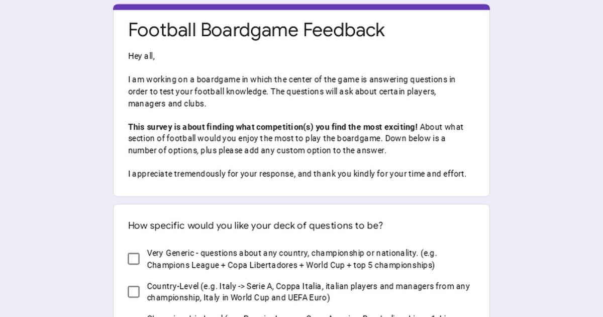 Creating a Football Boardgame: 1-Minute Survey