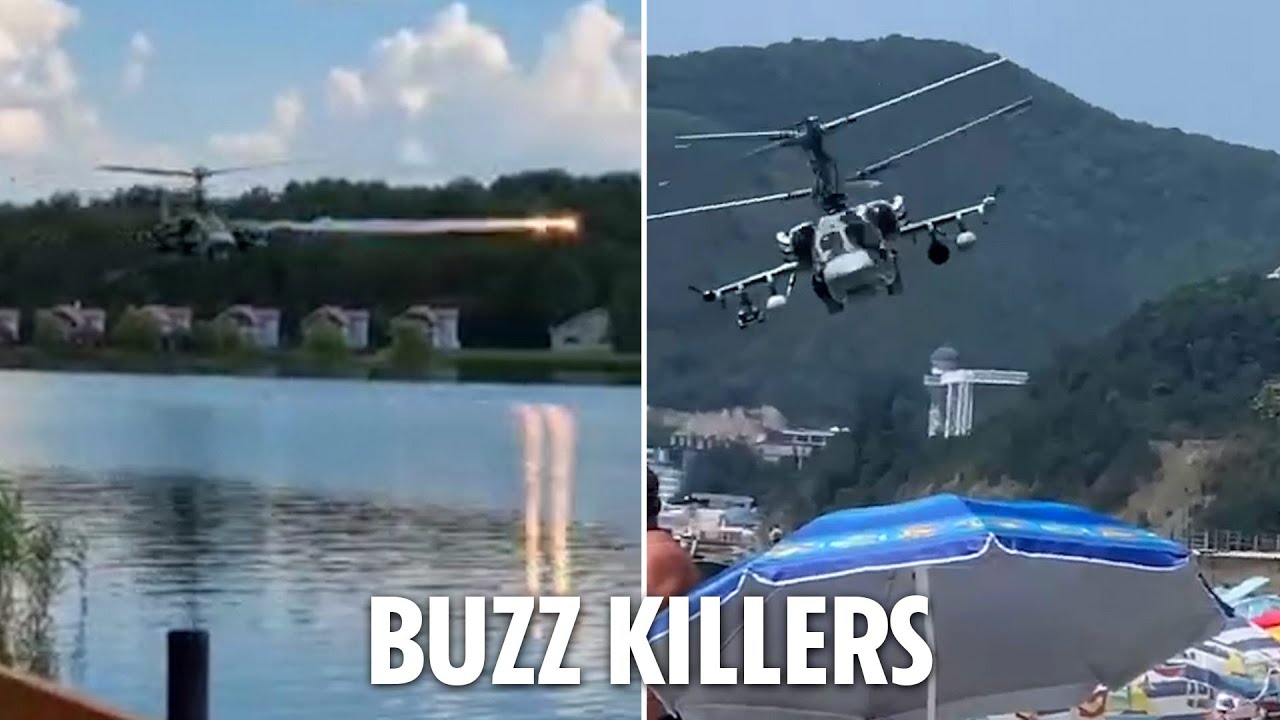 Bizarre moment gung-ho Russian helicopter gunship pilots terrify their own warzone 'tourists'