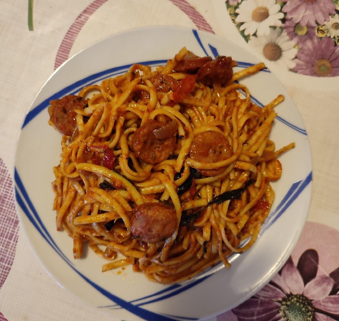 Linguine with spetzofái (sausage and peppers spicy sauce)