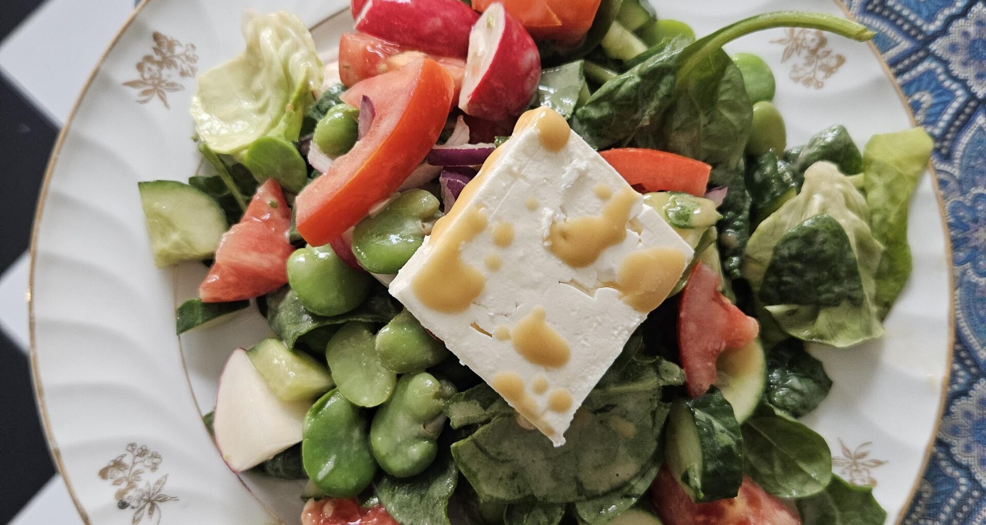 Just a salad with broad beans and a bit of feta