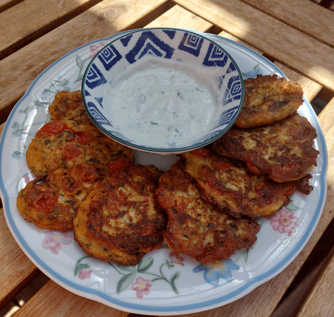 Zucchini tomato patties with greek yogurt dip
