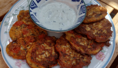Zucchini tomato patties with greek yogurt dip