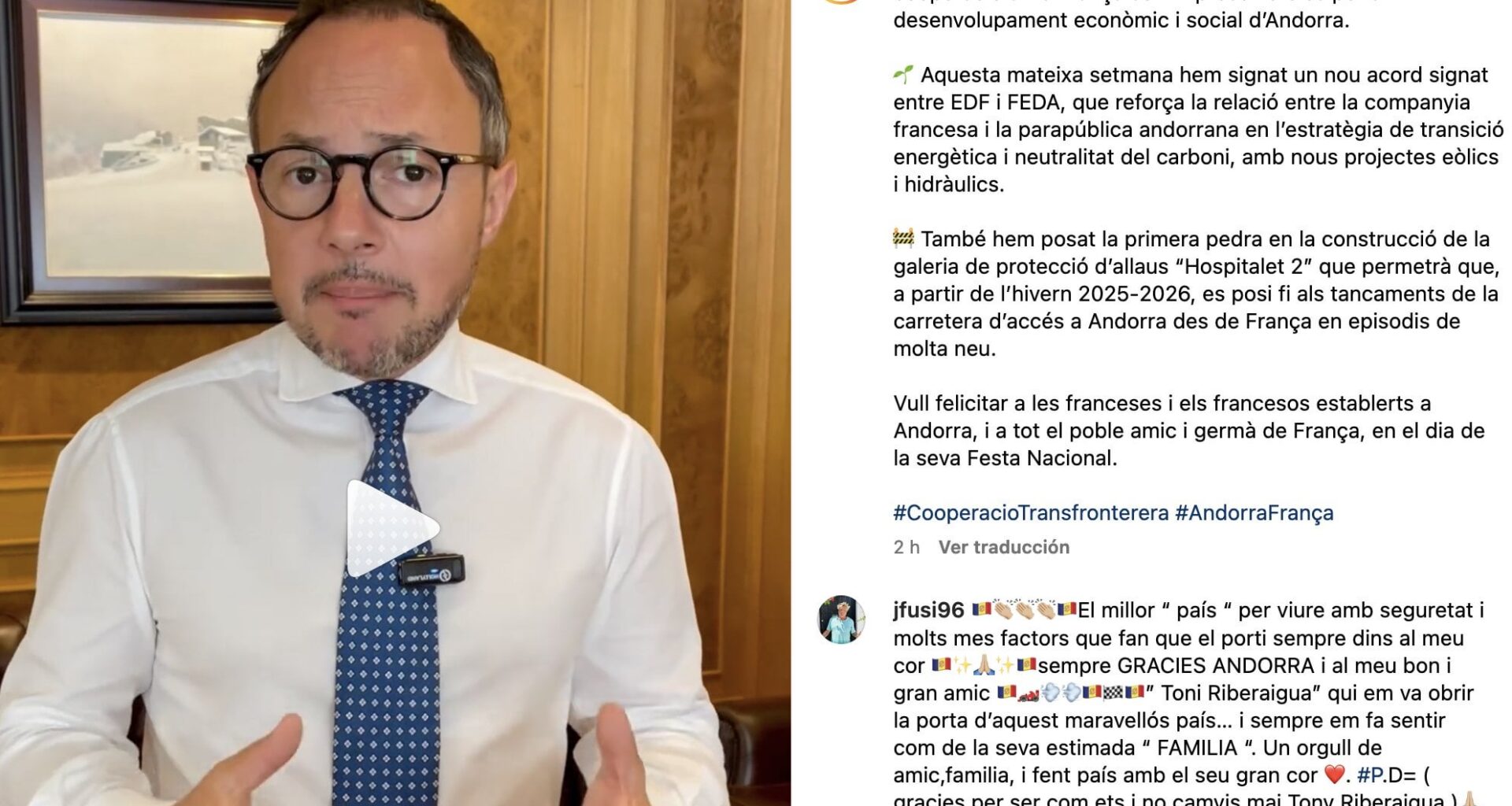 (vídeo) Espot felicita els francesos pel 14 de juliol i destaca les obres per evitar el tall de carretera els dies de neu