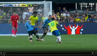 Nahitan Nández red card tackle on Rodrygo in Uruguay v Brazil 71'