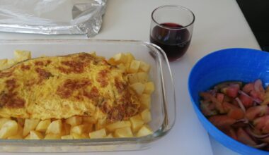 Cooking fried potatoes and a cheese omelette for 2 with a small tomato & onion side salad